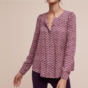 Anthropologie Maeve Orli Bibbed Button Down Blouse Purple Printed M